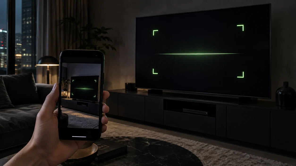 Demonstração visual: celular enquadrando uma Smart TV na sala